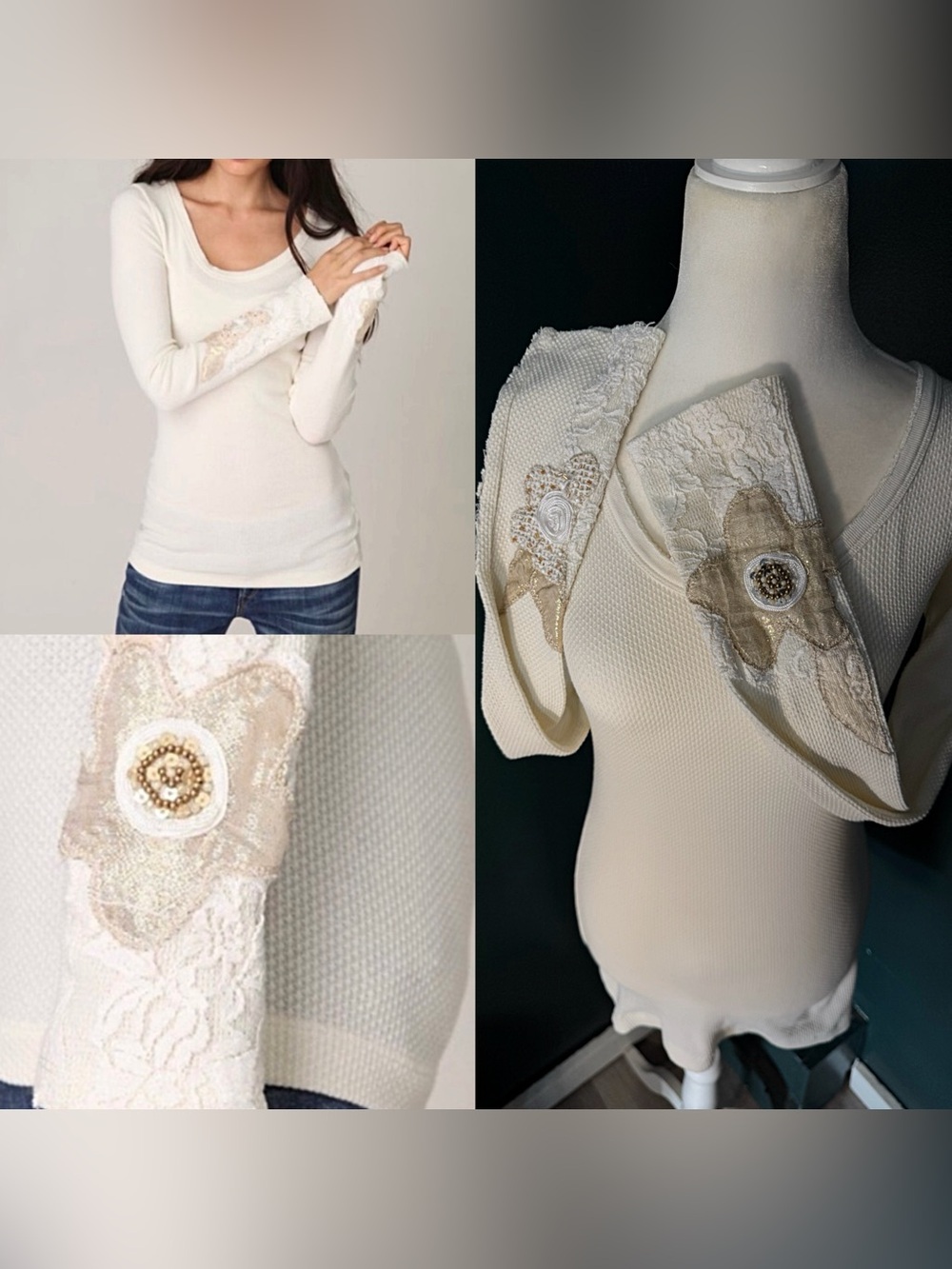 Free People • Heart On Your Sleeve Embellished Cuff Thermal Top RARE • Size M